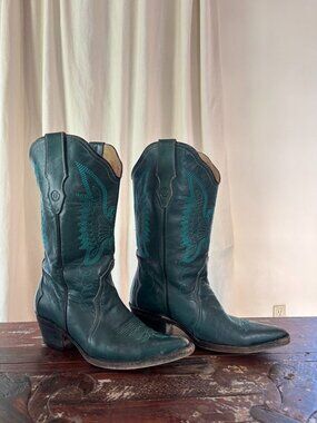Montserrat Messeguer Teal Leather Pheonix Embroidered Cowboy Boots